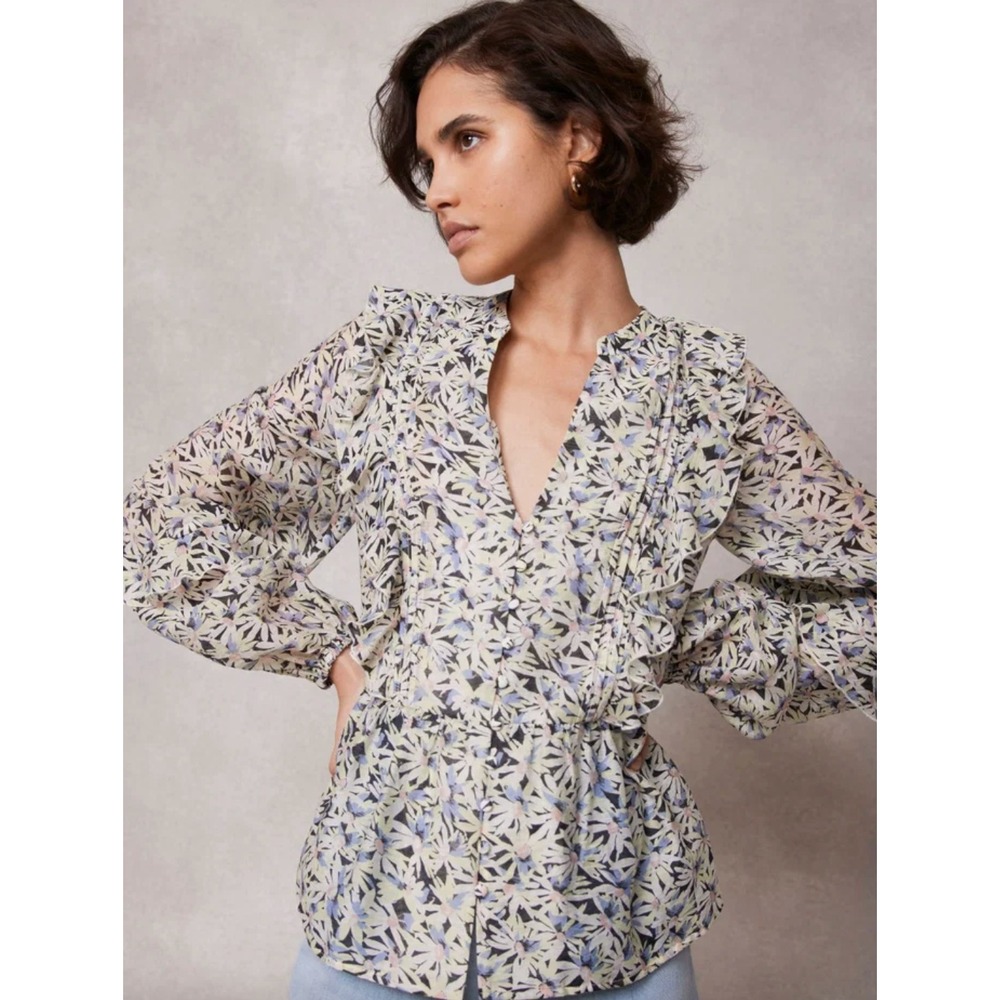 Mint Velvet Floral Ruffle Sleeve Lyocell‎ Linen Blouse Blue Yellow Size Small